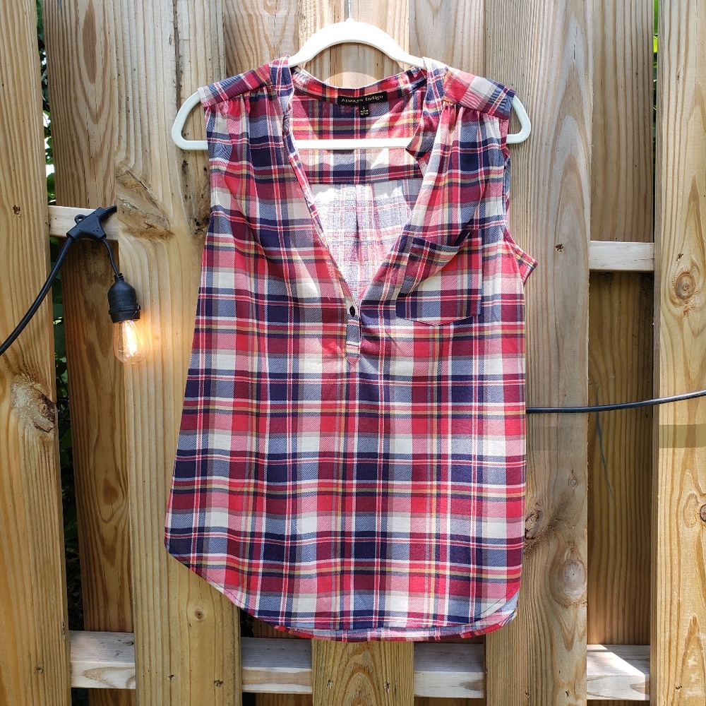 Red White and Blue Plaid Woman's Collared Tank